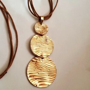 Layred Gold Tone 3 Discs 4" Pendant on Triple Brown Suede 30" Rope Necklace